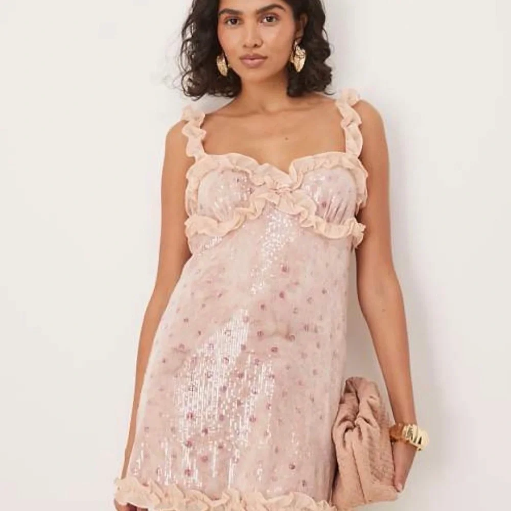 For Love & Lemons Blush Pink Sequin Ruffle Mini Dress - Picture 1 of 3